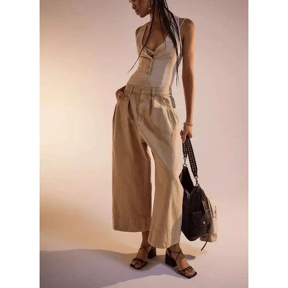 Free People Sweet Talk Chino Wide Leg Pants in Croissant - Picture 7 of 8